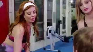 Wild threesome in gym with two horny mommys