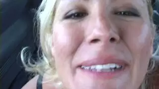 Funny blonde milf Renee has sexy fun with dick in the van